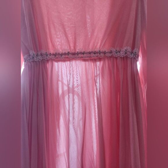 Vintage 50s Pink Satin Robe Puff Sleeve Maxi Waistband Cottagecore Fairy Vday - Picture 13 of 17